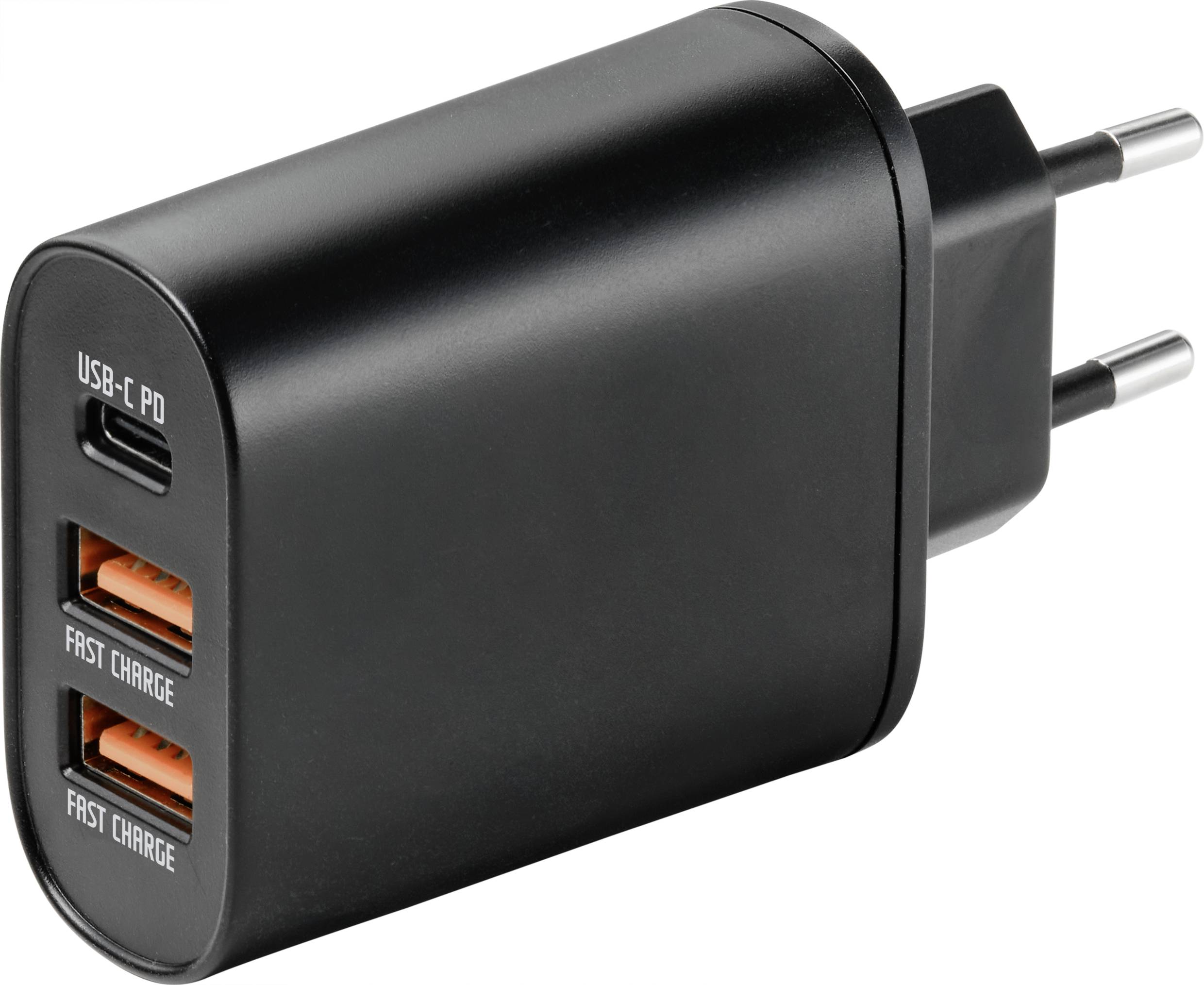 Schwarzes USB-Ladegerät mit einem USB-C- und zwei USB-A-Anschlüssen, beschriftet mit 'Fast Charge'. Eurostecker für Steckdosen.