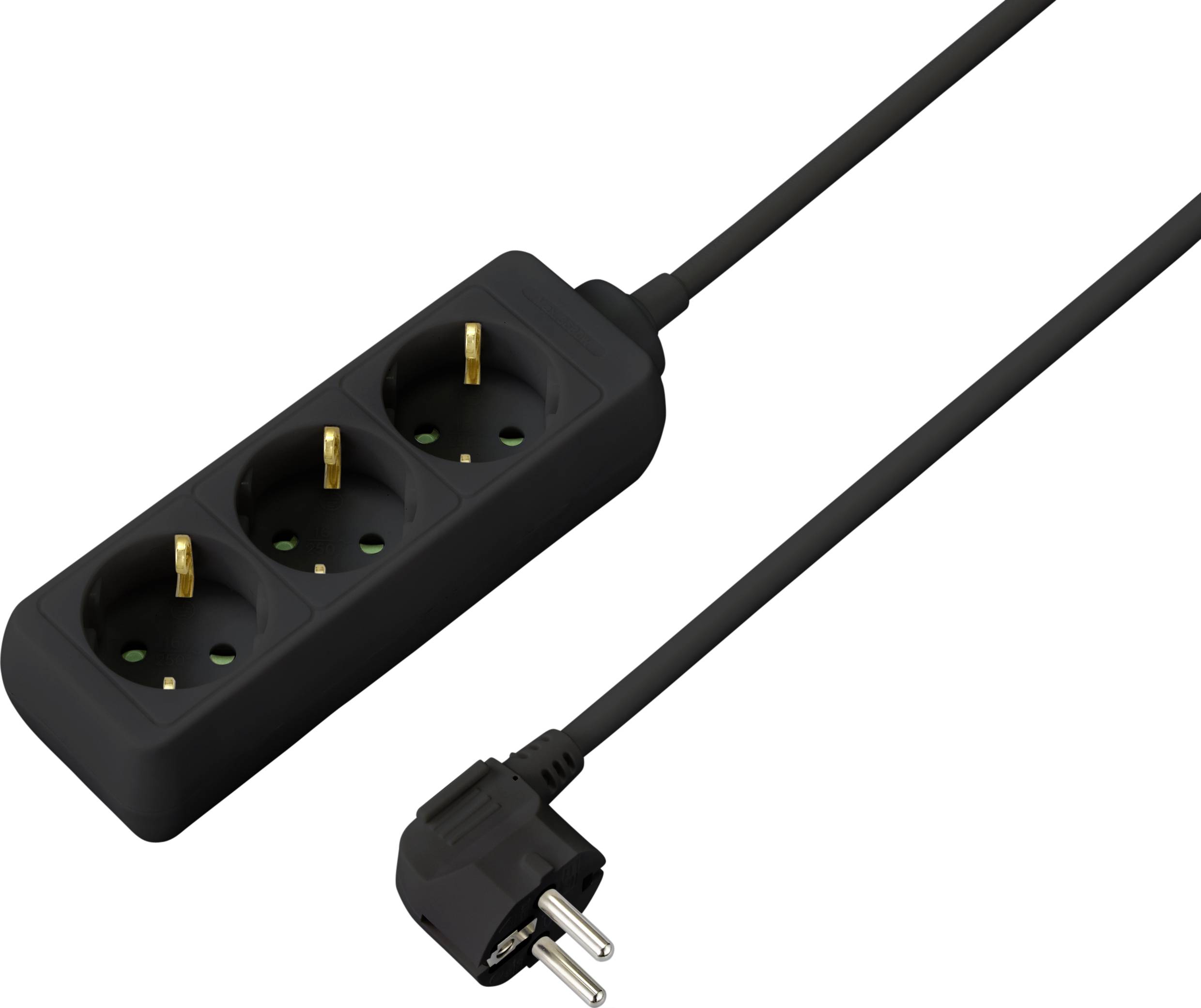 Eine schwarze dreifache Steckdosenleiste mit einem langen Netzkabel und einem Schuko-Stecker.