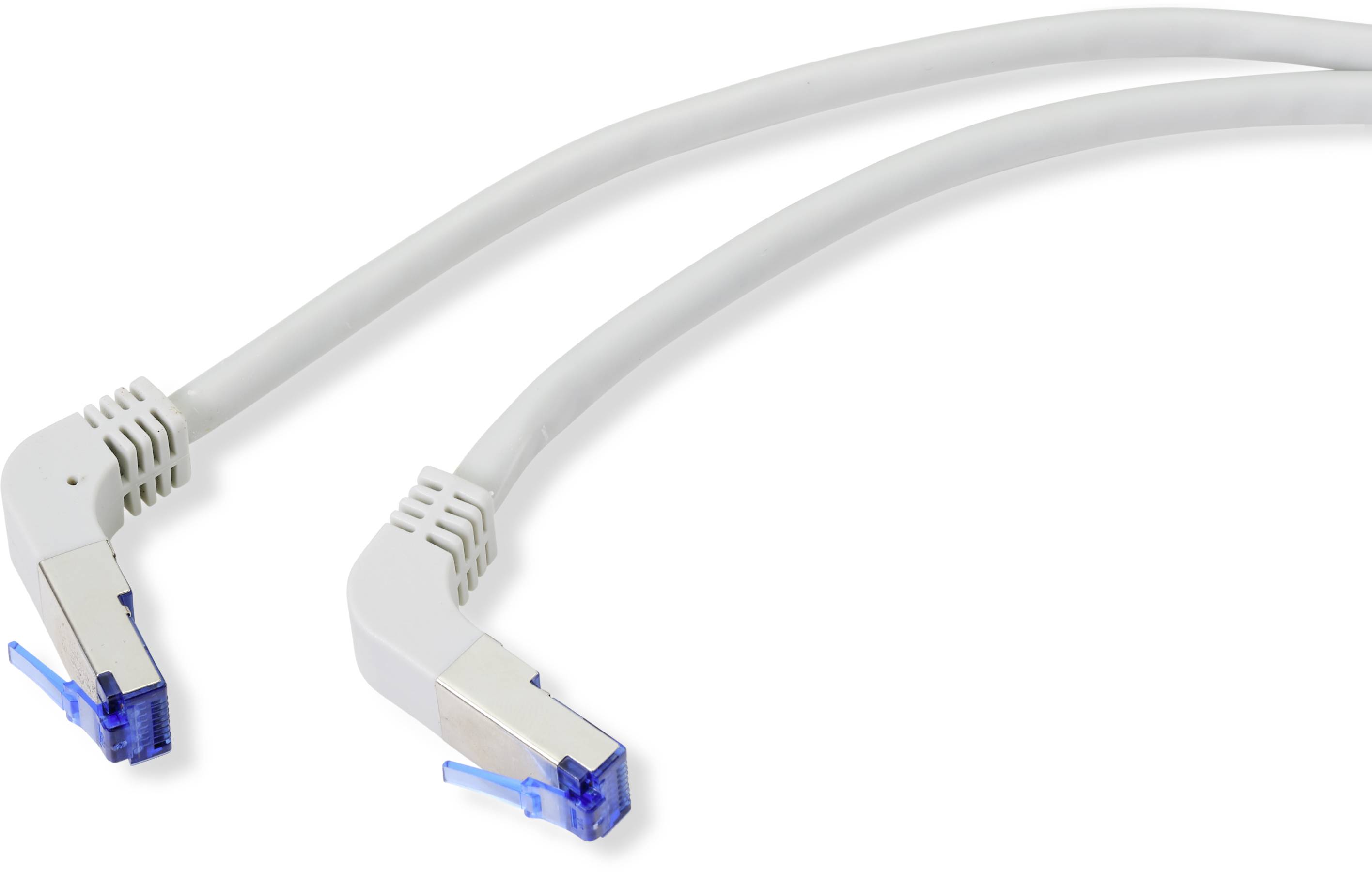 Zwei weiße Ethernet-Kabel mit blauen Steckern liegen nebeneinander. Sie sind gebogen und haben abgeschirmte Anschlussstecker.