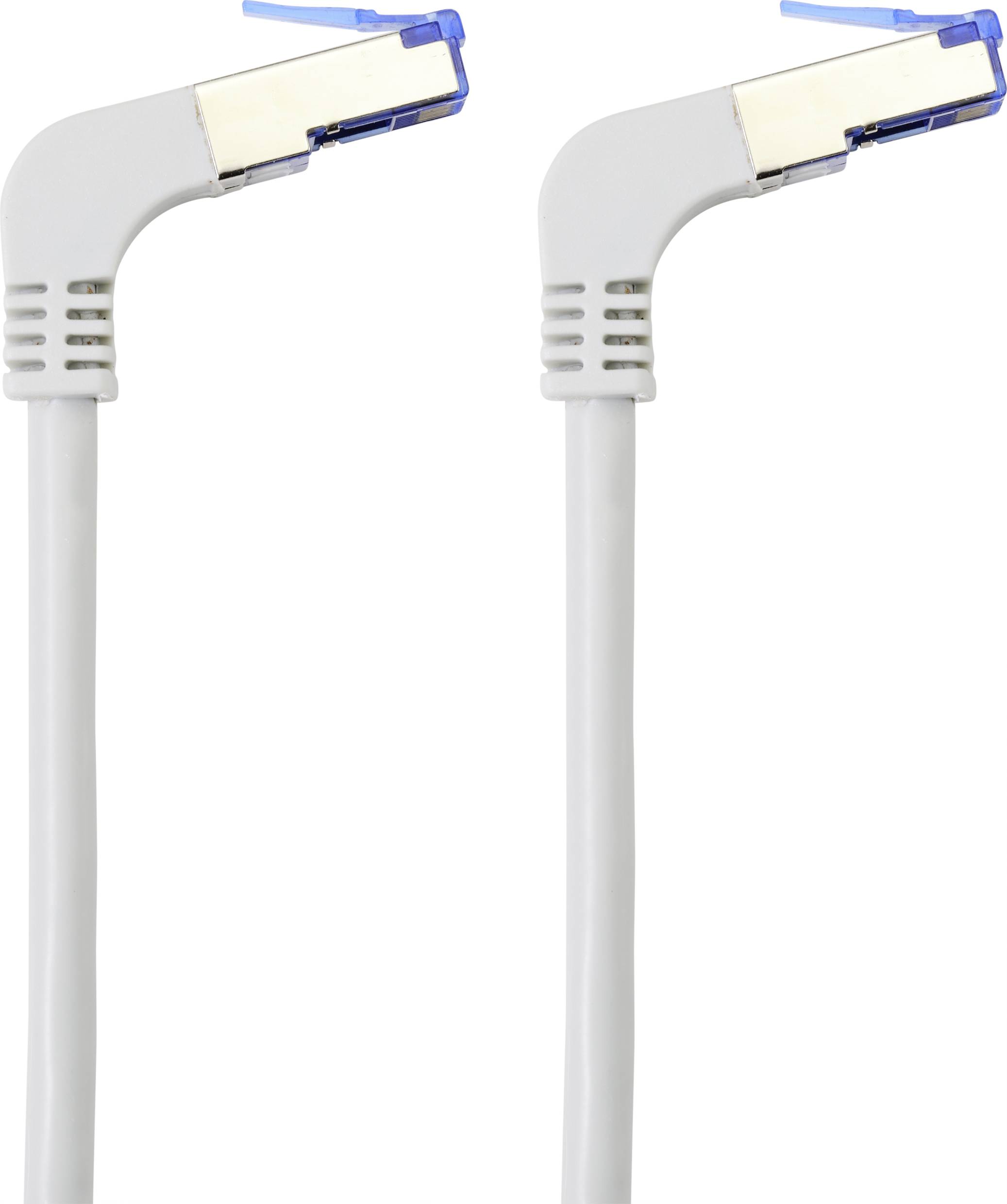 Zwei weiße Netzwerkkabel mit abgewinkelten Steckern und blauen Clips.