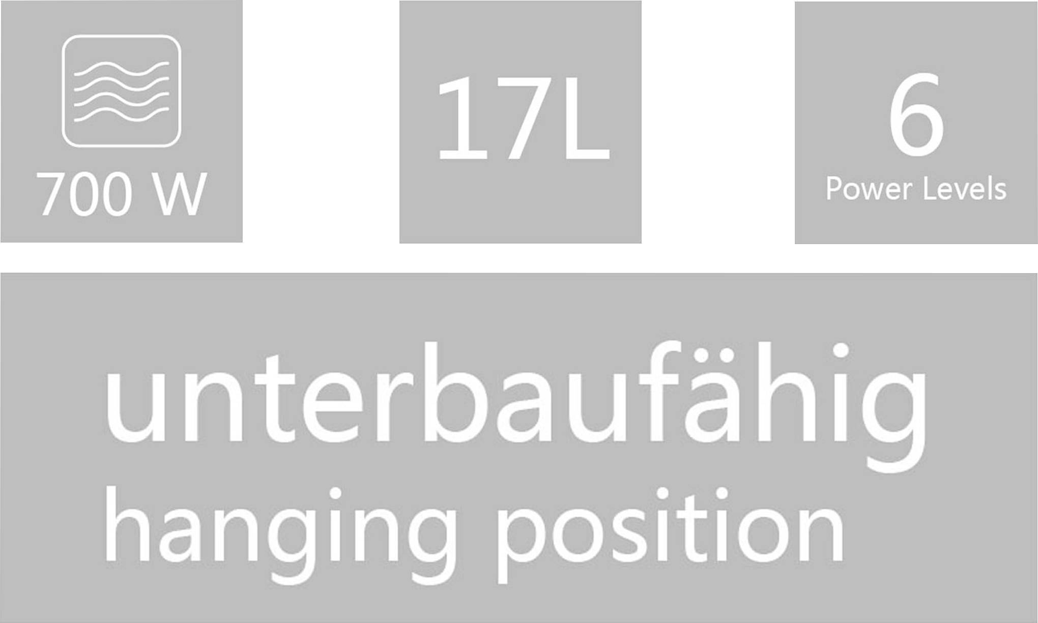 Mikrowelle mit 700W, 17L Kapazität, und 6 Leistungsstufen. Geeignet für Unterbau mit hängender Position.