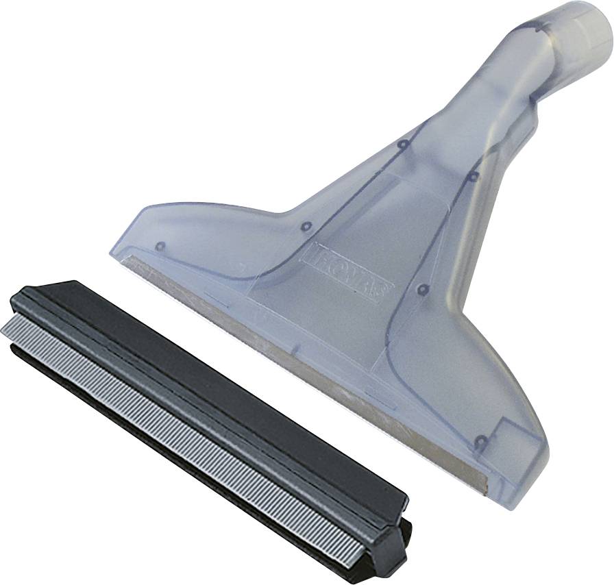 Auf dem Bild sind eine transparente Staubsaugerdüse und ein schwarzer Gummiwischer abgebildet, die zur Reinigung verschiedener Oberflächen dienen.