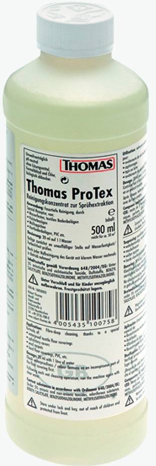 'Thomas ProTex' Reinigungsmittel, 500 ml, in Flasche. Nutzung für Sprühextraktion, Anwendungshinweise und Sicherheitswarnungen auf Etikett.