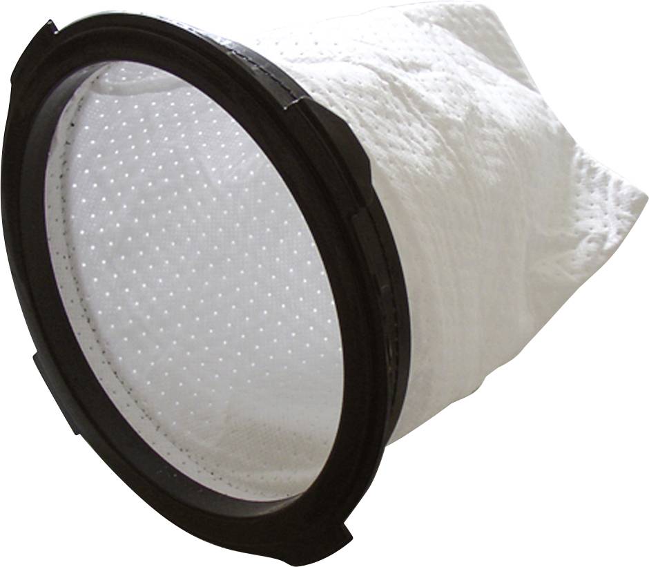 Ein weißer Filterbeutel mit perforierter Textur und schwarzem runden Rahmen, verwendet zur Filtration in industriellen Anwendungen.