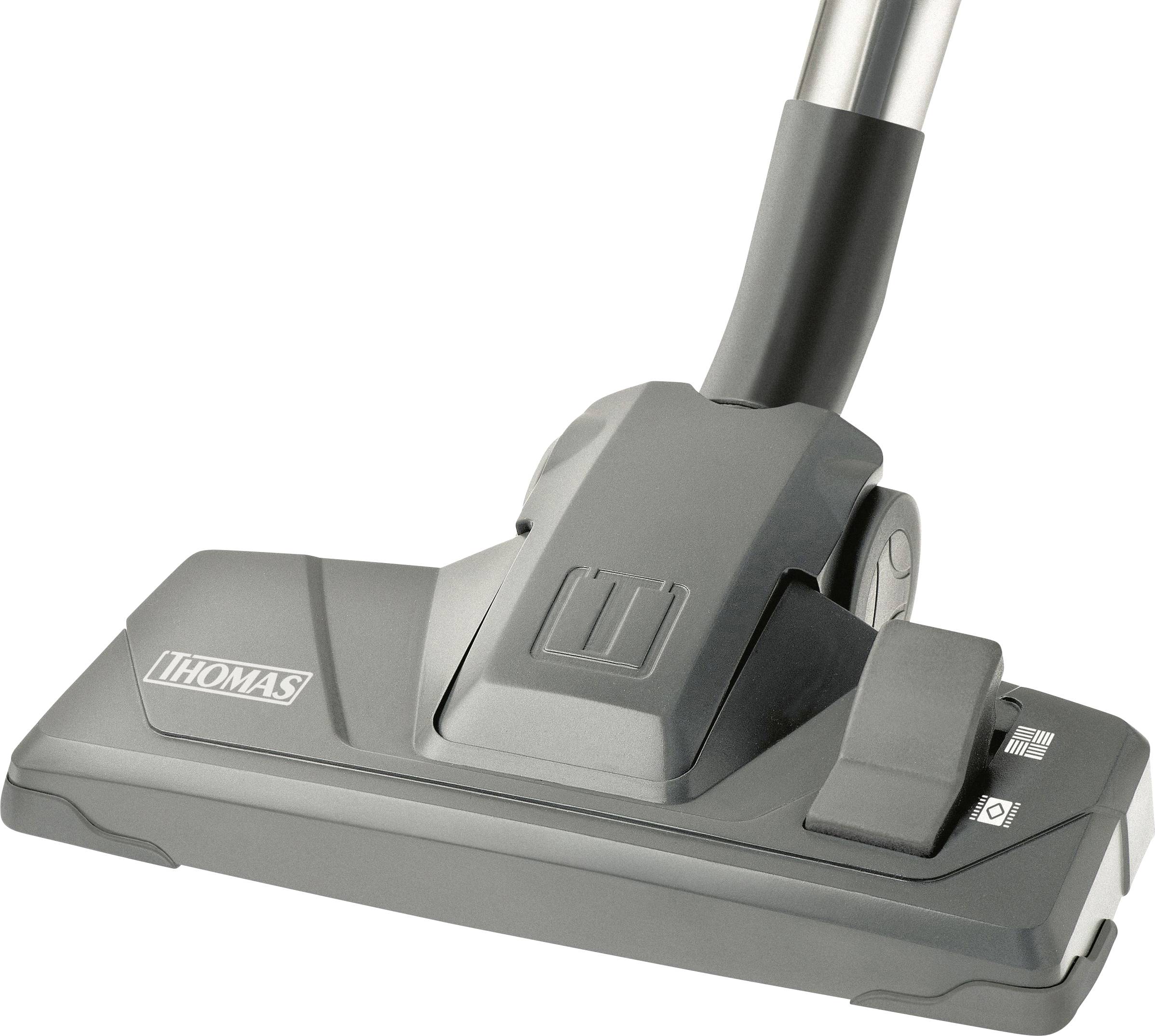 Bodenstaubsaugerdüse mit grauer Oberfläche und Metallrohr. Marke 'Thomas', geeignet für Teppiche und Hartböden.