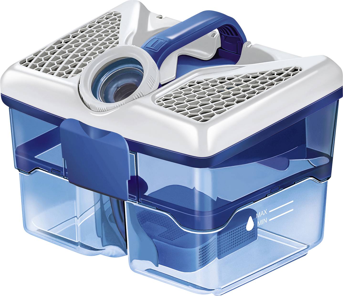Ein blauer Staubbehälter mit Griff und Luftfilter, geeignet für Staubsauger, zeigt die Wasserstandsanzeige mit 'Max' und 'Min' Markierungen.