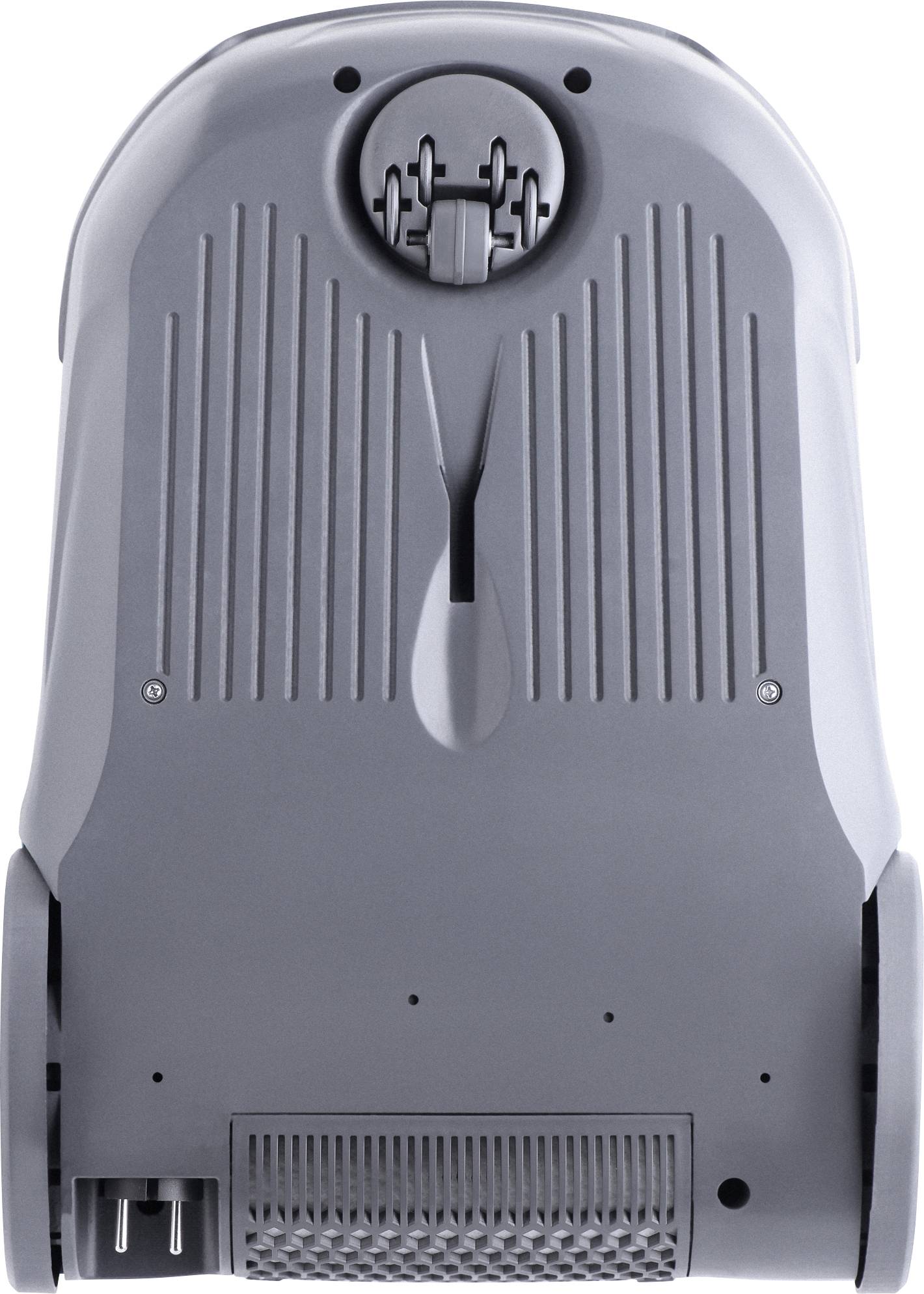 Grauer Boden eines elektrischen Geräts mit Rollen und Lüftungsschlitzen, möglicherweise ein Staubsauger oder ein Reinigungsgerät.