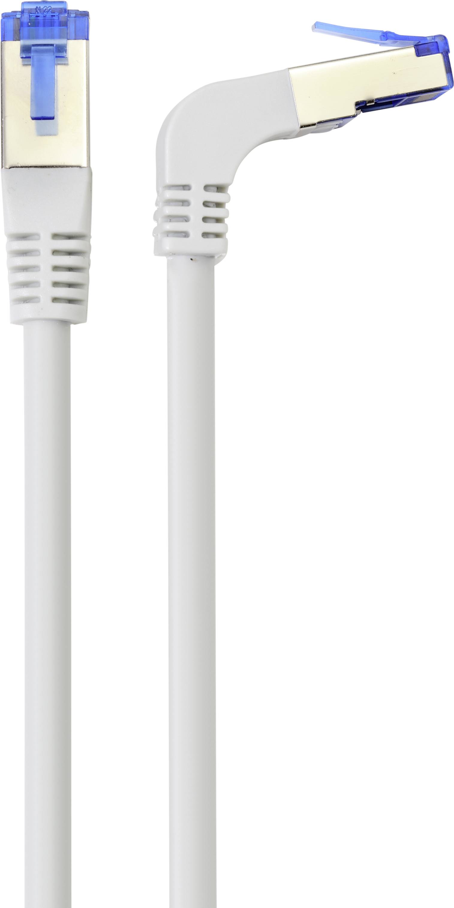 Weißes Netzwerkkabel mit einem abgewinkelten RJ45-Stecker links und einem geraden RJ45-Stecker rechts, beide mit blauen Clips.
