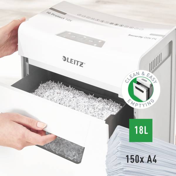 Ein Aktenvernichter schreddert Papier. Auf dem Gerät steht 'Clean & Easy Emptying'. Daneben liegt ein Stapel Papier, beschriftet mit '150x A4'.