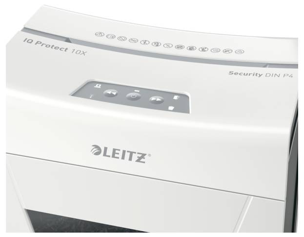 Ein Aktenvernichter der Marke Leitz mit dem Modellnamen 'IQ Protect 10X', ausgestattet für Sicherheitsstufe DIN P4.