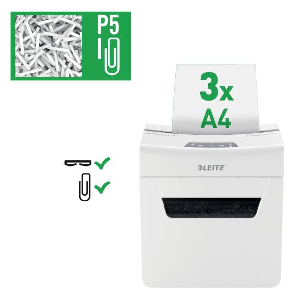Aktenvernichter von Leitz, Sicherheitsstufe P5. Zerkleinerte Papierstreifen und Büroklammern-Icons mit Häkchen. Kapazität: 3x A4.