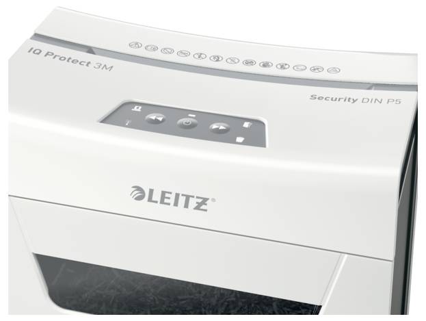 Aktenvernichter 'LEITZ IQ Protect 3M' mit Sicherheitsstufe DIN P5, zeigt Bedienfeld und Schredderöffnung.