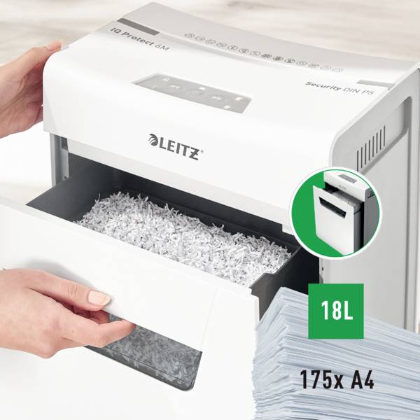 Ein Aktenvernichter von Leitz, Modell 'IQ Protect', zerkleinert Papier zu Konfetti. 18L Kapazität, geeignet für 175 Seiten A4.