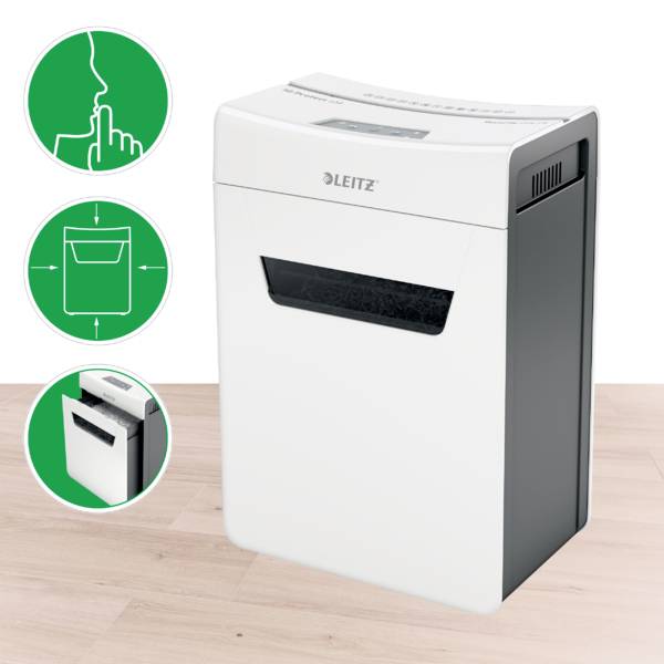 Ein weißer Aktenvernichter auf Holzboden, mit Touch-Control-Icons für Bedienung und Papierfach.