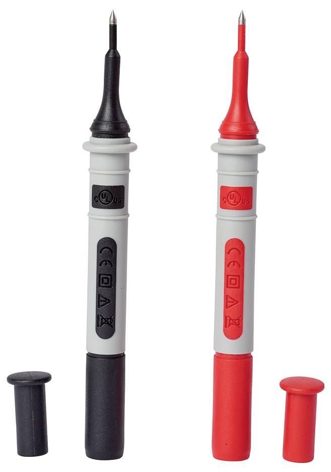 Zwei Prüfspitzen: links schwarz, rechts rot, jeweils mit Schutzkappen. предназначени за електрически измервания.