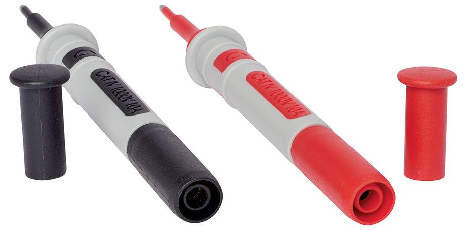 Zwei Prüfspitzen in Schwarz und Rot mit Abdeckungen ermöglichen sichere elektrische Messungen.