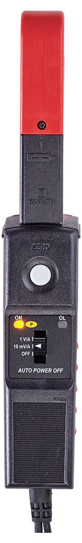 Elektrischer Spannungsprüfer mit Digitalanzeige, schwarzes Gehäuse, roter Zangenhalterung, und Lichtern zur Anzeige von Messwerten.