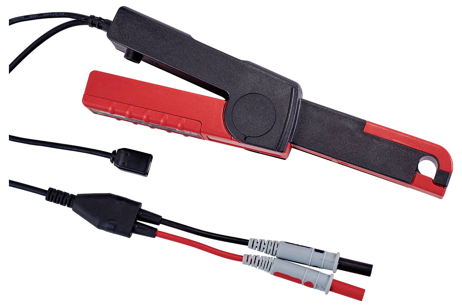 Ein schwarzer und roter Strommesszange mit Kabeln und Steckern, verwendet zur Messung von elektrischen Strömen in Leitern.