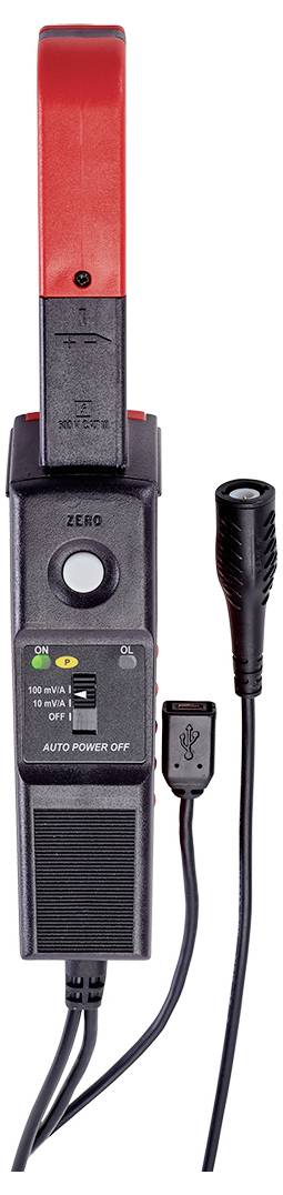 Ein digitales Zangenampermeter mit roter Zange und schwarzen Kabeln zeigt Messungseinheit und Reset-Taste auf der Vorderseite.