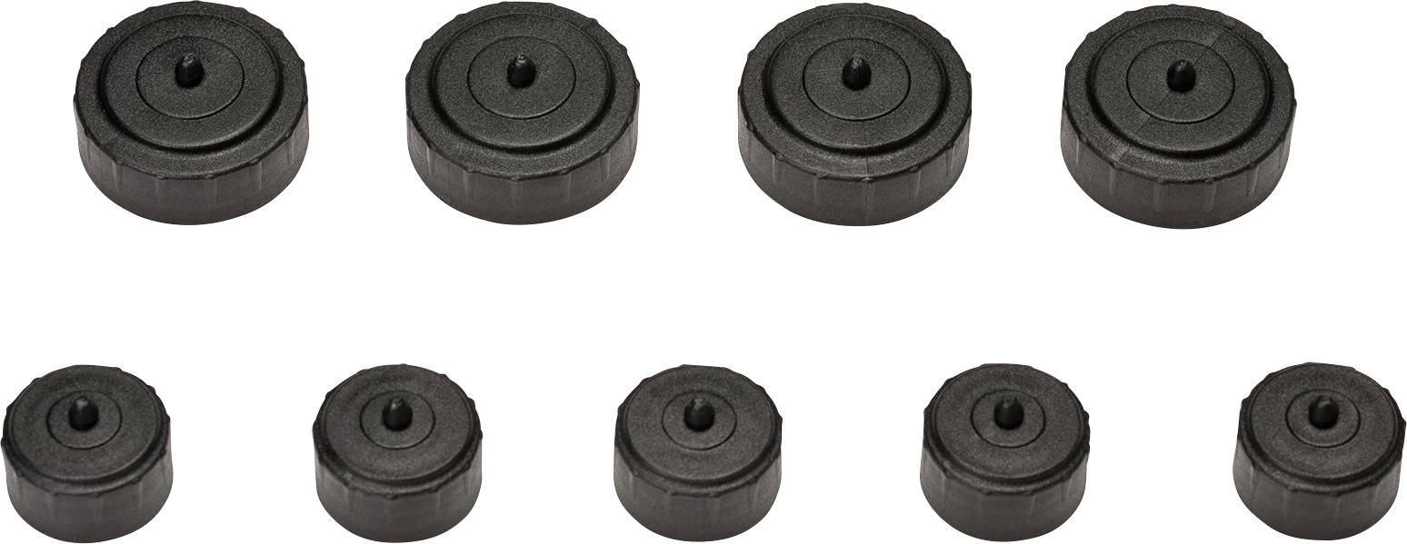 Zehn schwarze, runde Kunststofffüße in zwei Reihen angeordnet, obere Reihe größer als die untere. Geeignet für Möbel oder Geräte.