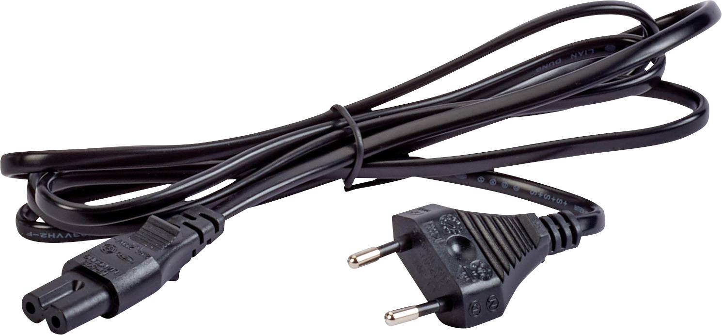 Schwarzes Kabel mit zweiadrigem Eurostecker, geeignet für europäische Steckdosen und elektronische Geräte.