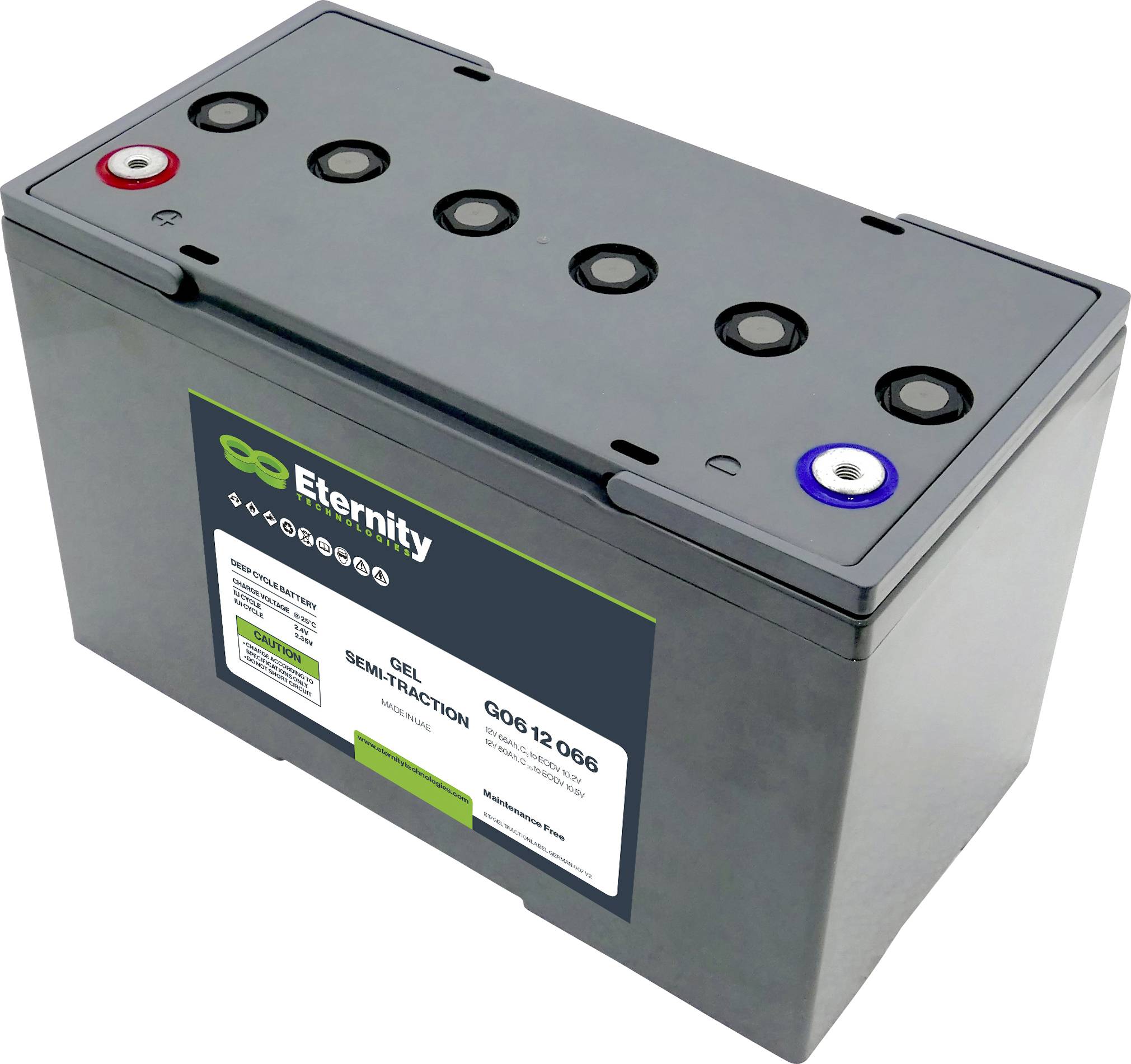 Graue Batterie mit ‘Eternity’ Logo. Aufkleber zeigt Spezifikationen. Oben sechs runde Verschlüsse, rote und blaue Anschlussklemmen rechts und links.