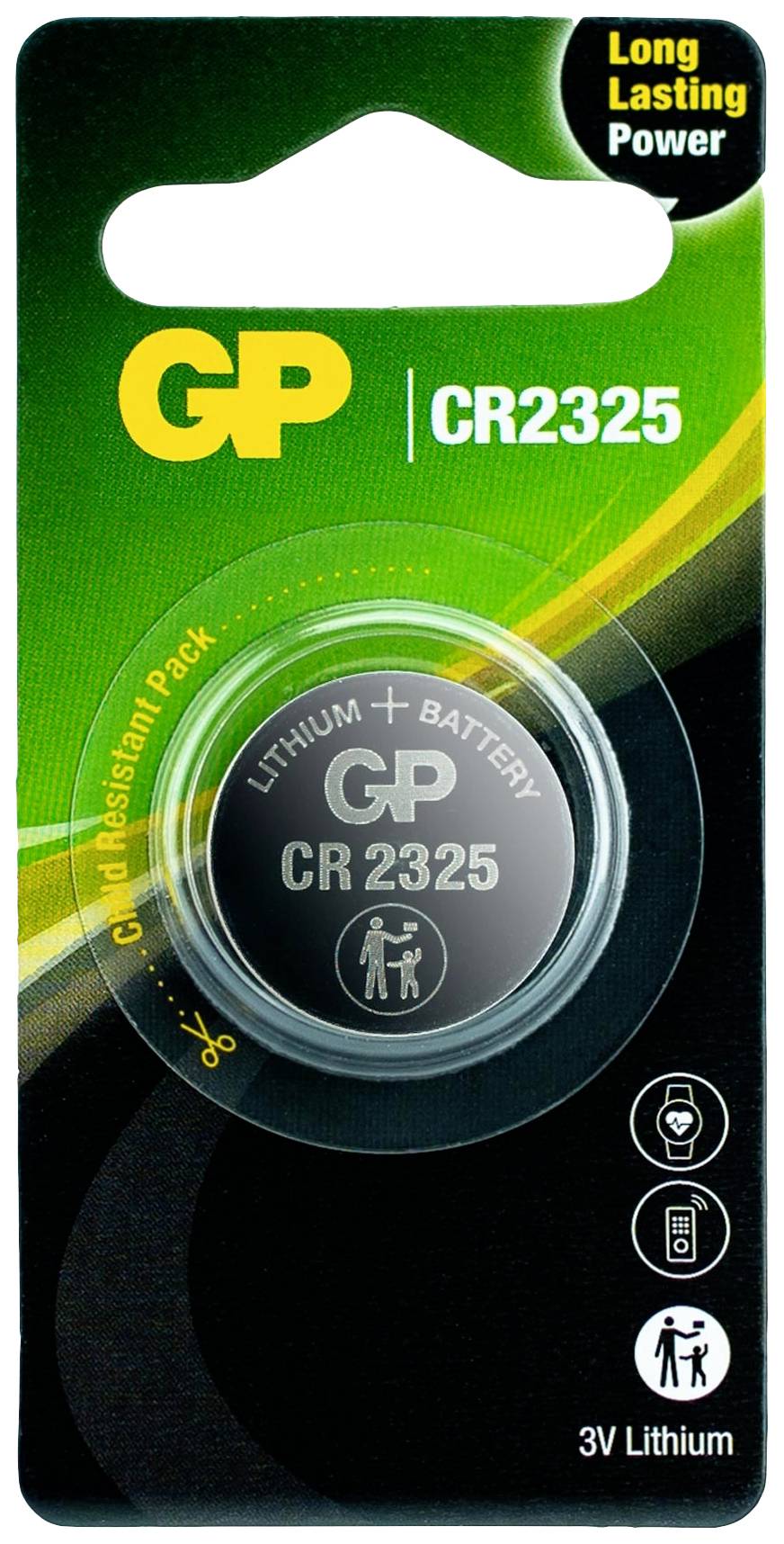 Verpackung einer CR2325 Lithium-Batterie von GP mit 'Long Lasting Power', enthält Symbole für Endgeräte und Recyclinghinweise.