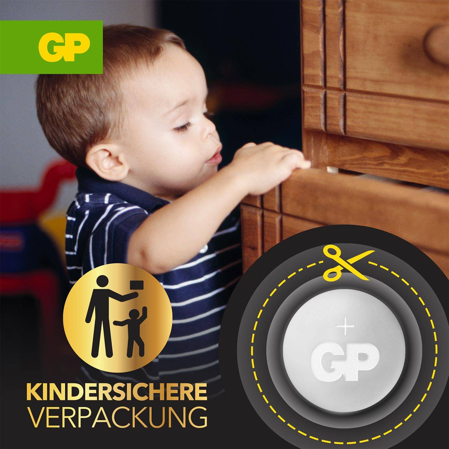Kleines Kind versucht, eine Schublade zu öffnen. Daneben ein Symbol für kindersichere Verpackung mit der Aufschrift 'Kindersichere Verpackung'.