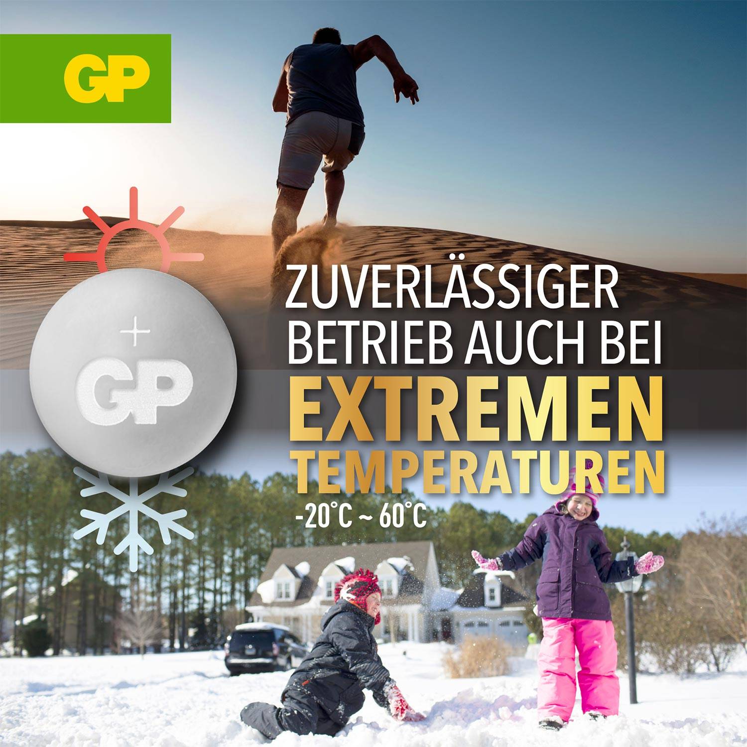 Ein Mann läuft auf einer Sanddüne. Text: 'Zuverlässiger Betrieb auch bei extremen Temperaturen -20°C bis 60°C.' Kinder spielen im Schnee.