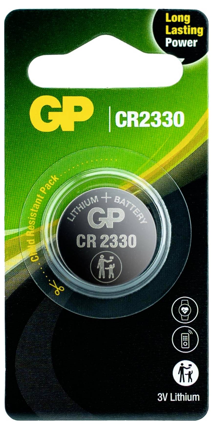 Verpackung einer GP CR2330 3V Lithium-Knopfzelle mit Hinweis 'Long Lasting Power' und '3V Lithium'.