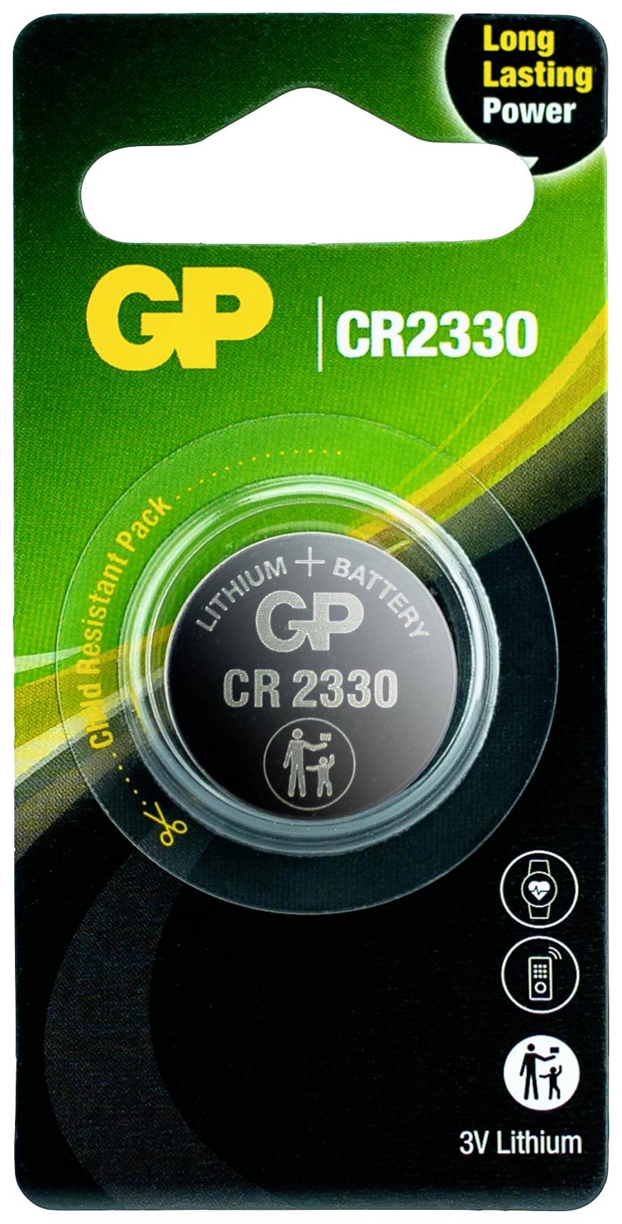 'GP CR2330' Knopfzellenbatterie-Verpackung mit 3V Lithium, 'Long Lasting Power', kindersicher verpackt, für Uhren und Fernbedienungen.