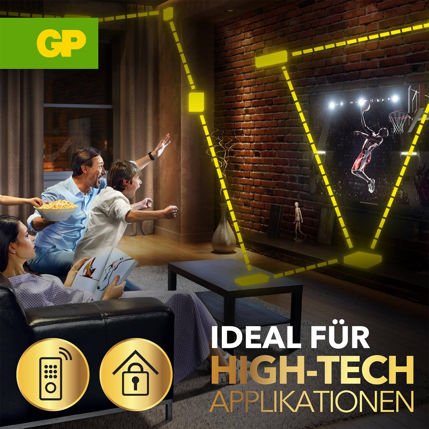 Eine Familie auf einer Couch schaut begeistert ein Basketballspiel im Fernsehen. Text: 'Ideal für High-Tech Applikationen'.