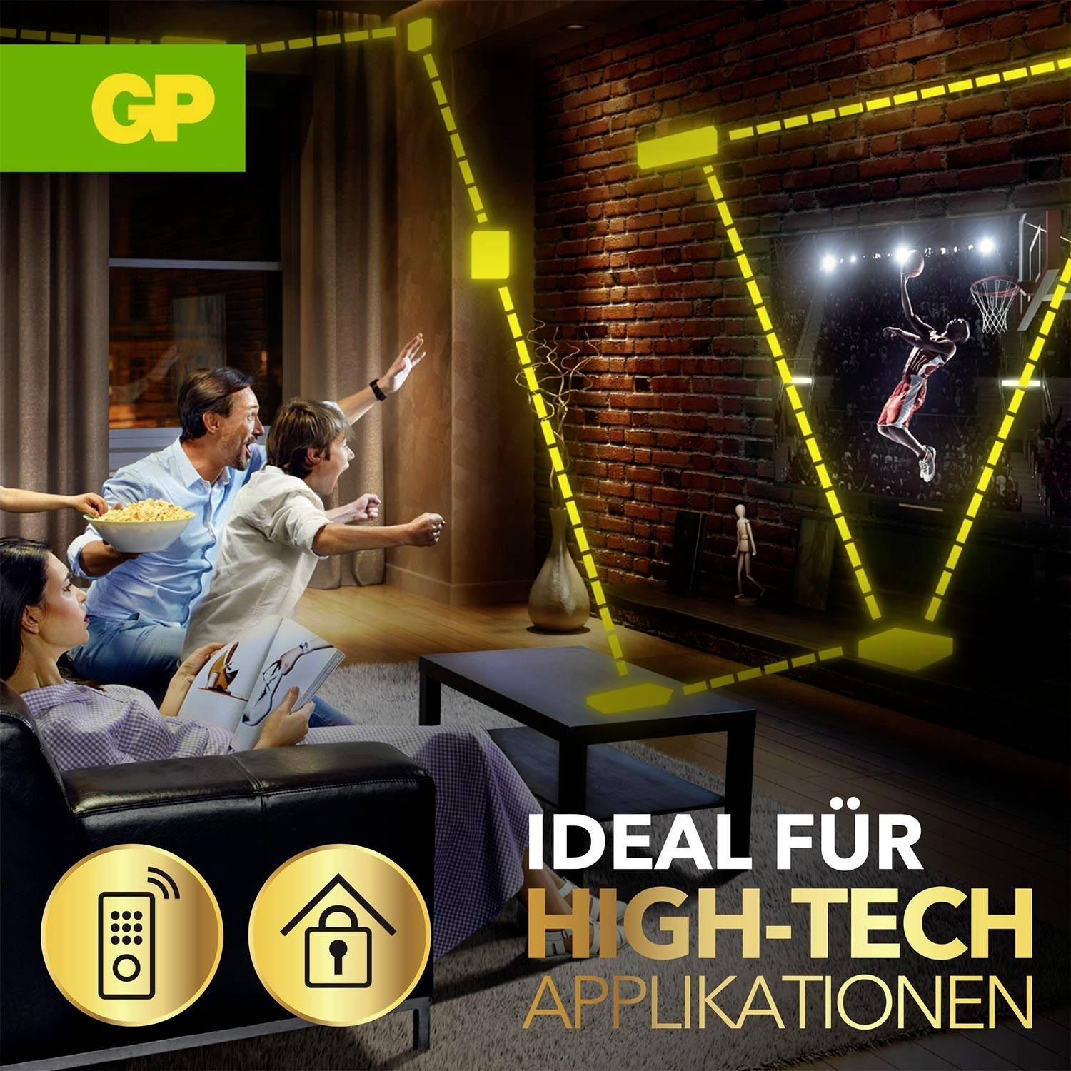 Familie schaut begeistert auf eine große High-Tech-Projektion im Wohnzimmer; daneben steht 'IDEAL FÜR HIGH-TECH APPLIKATIONEN' mit Fernbedienungs- und Schloss-Symbolen.