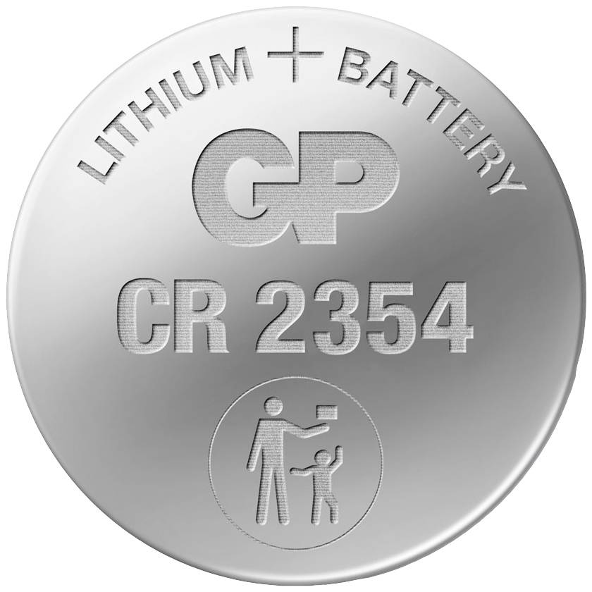 Runde Silberbatterie mit Prägung 'LITHIUM BATTERY GP CR 2354'. Piktogramm unten zeigt einen Erwachsenen mit erhobenem Arm neben einem Kind.