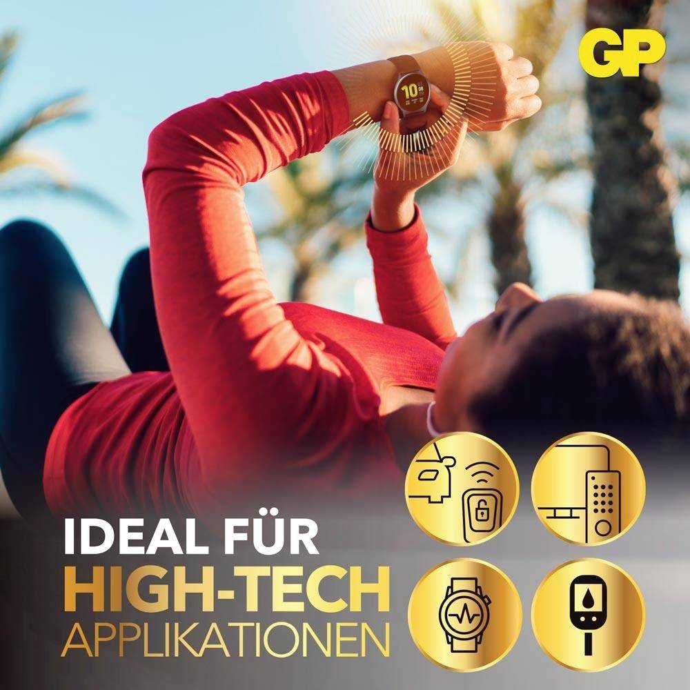 Werbung mit einer Frau beim Training mit Smartwatch; Text: 'IDEAL FÜR HIGH-TECH ANWENDUNGEN' und vier Technik-Icons.