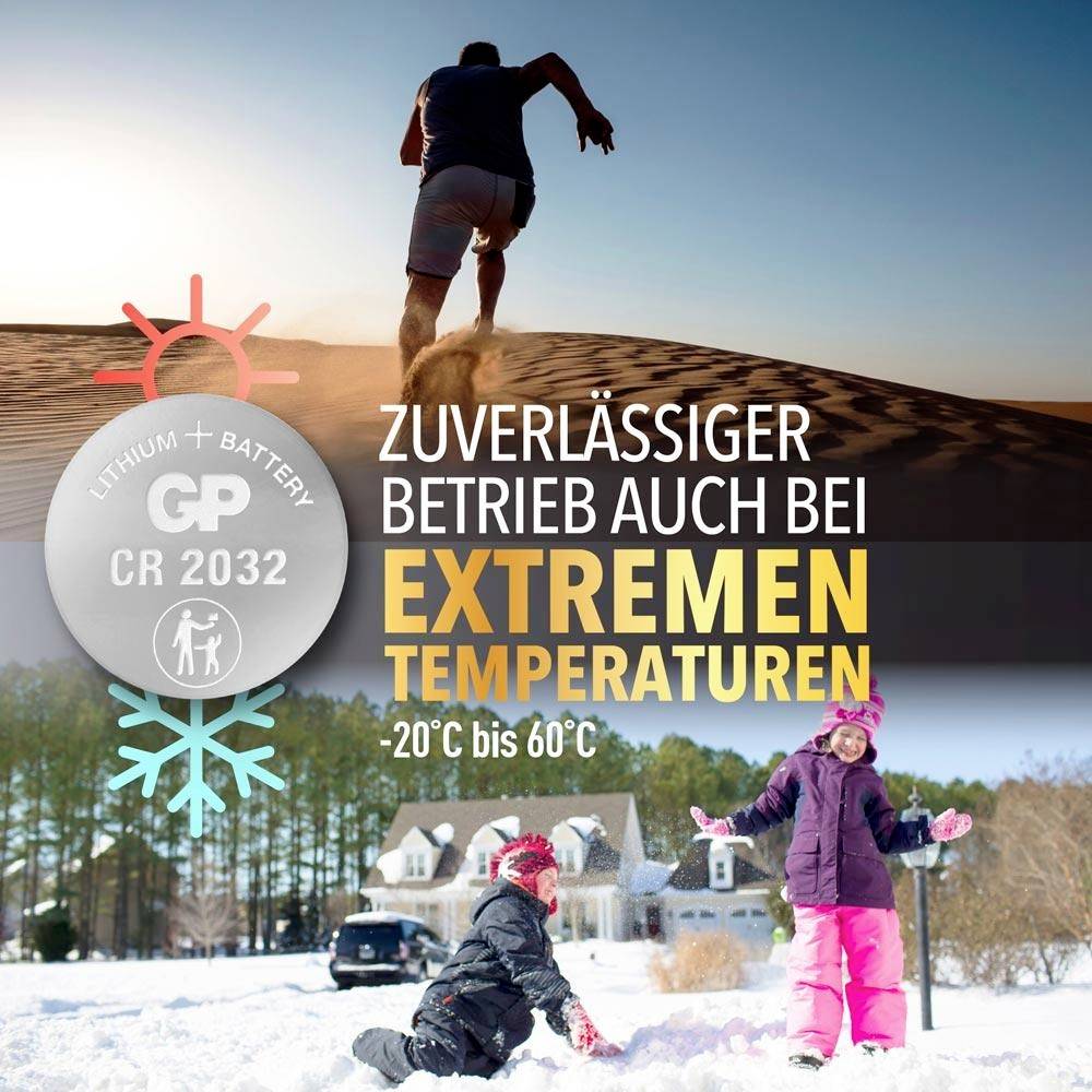 Werbeanzeige für GP CR2032-Lithiumbatterie: zuverlässiger Betrieb bei extremen Temperaturen von -20 °C bis 60 °C, dargestellt mit Wüstenhitze und Schneeszene.