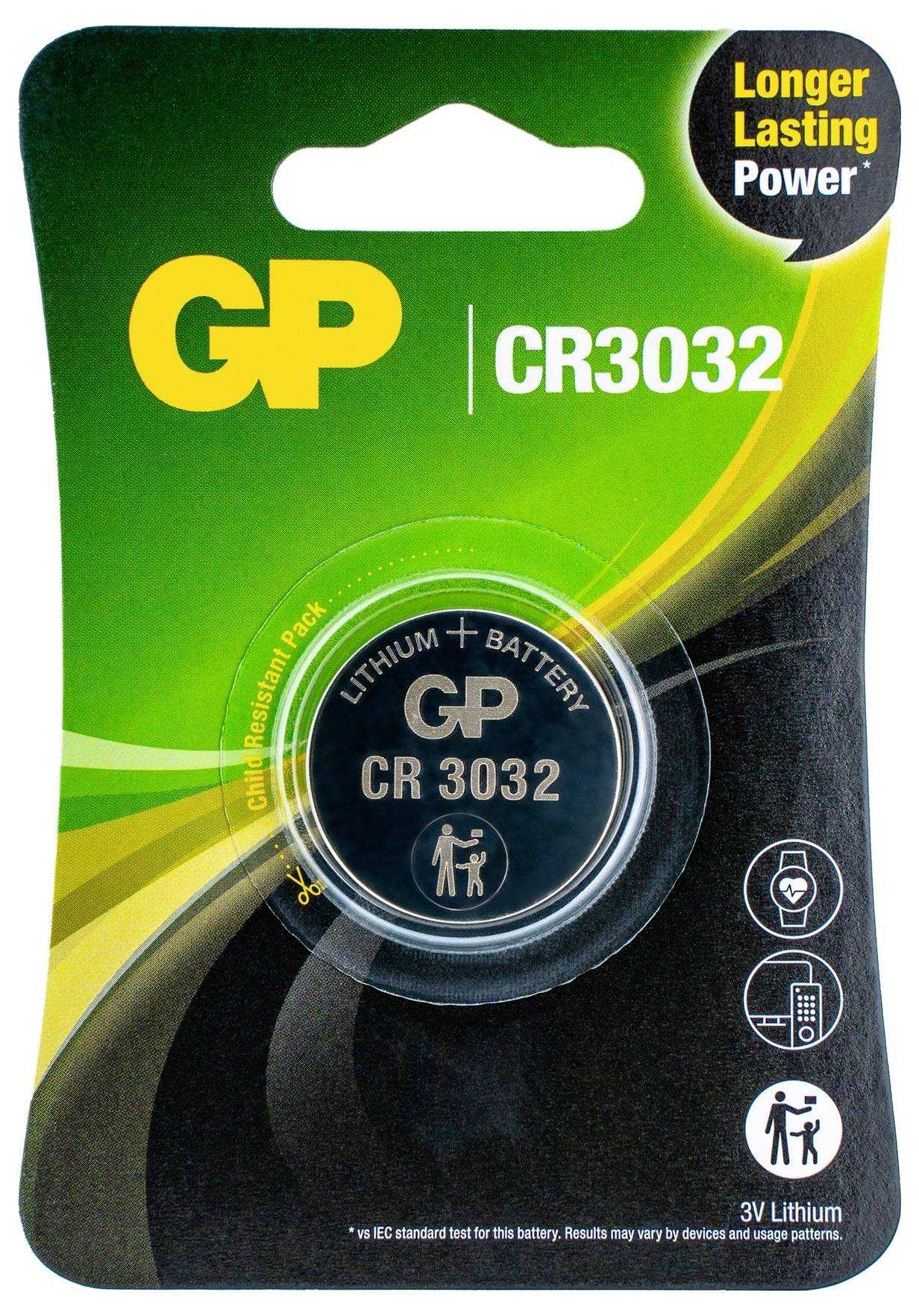Verpackung einer GP CR3032 Lithium-Knopfzelle, 3V, mit Hinweis 'Longer Lasting Power'.