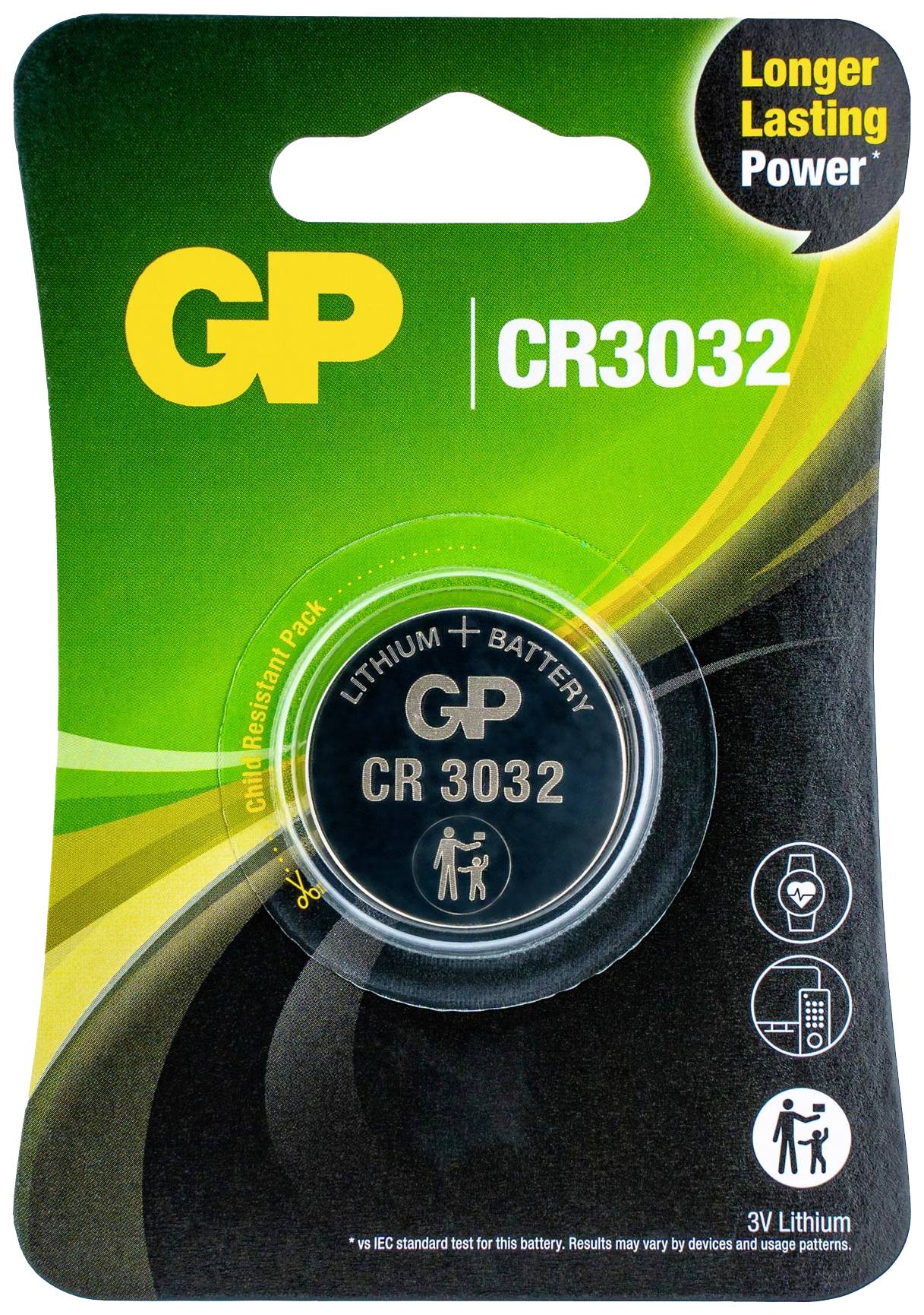 'GP CR3032 Lithium Batterie' auf Verpackung, mit Hinweisen auf längere Lebensdauer und 3V Lithium. Geeignet für diverse Geräte.