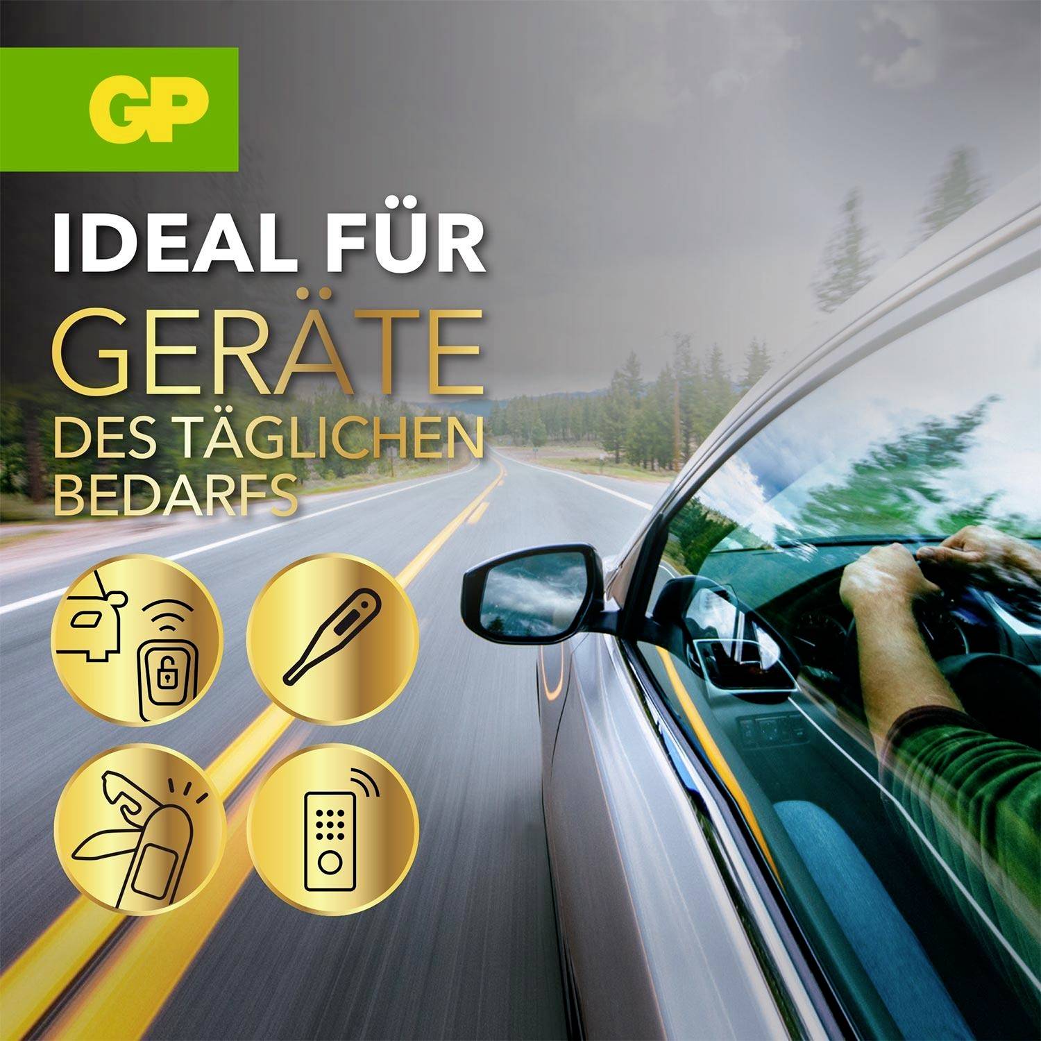 Werbegrafik für GP: 'Ideal für Geräte des täglichen Bedarfs' mit vier Symbolen für Batterie, Thermometer, Taschenlampe und Fernbedienung neben fahrendem Auto.