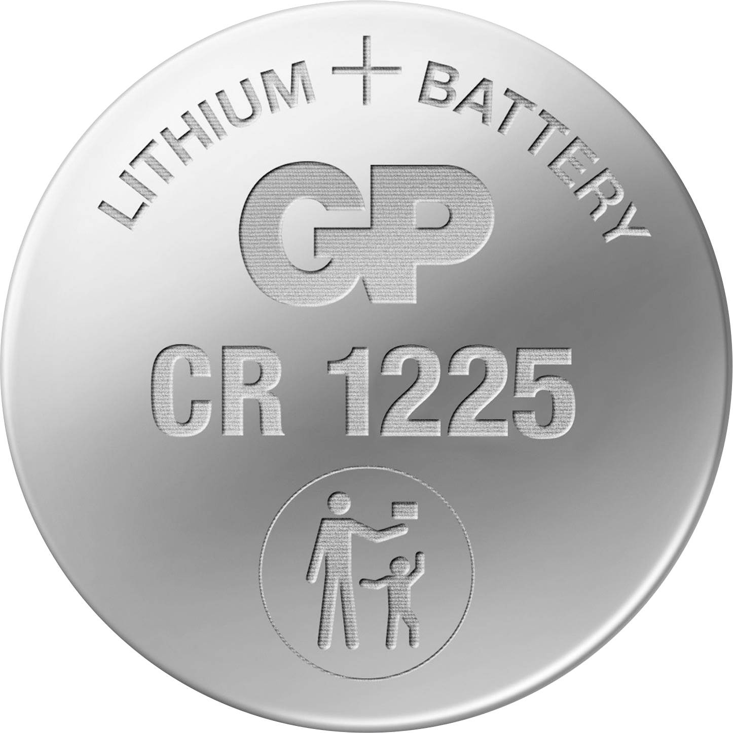 Silberne Lithium-Knopfzelle mit Aufdruck 'GP CR1225' und Warnsymbol; Batterie zur Kennzeichnung des Batterietyps.