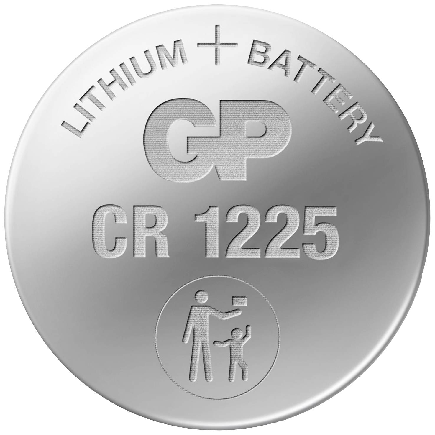 Eine silberne Lithium-Knopfzelle-Batterie mit der Aufschrift 'GP CR 1225'. Darunter ein Warnsymbol: Erwachsener hält Kind von Batterie fern.