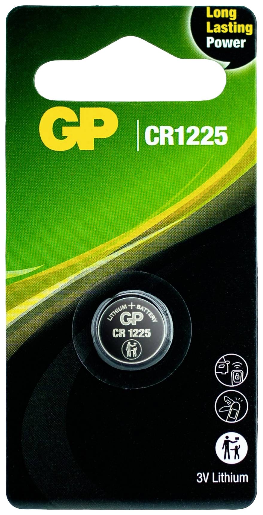 Eine GP CR1225 Lithium-Knopfzelle auf einer Verpackung. Text 'Long Lasting Power'. Geeignet für Geräte, 3V Spannung.