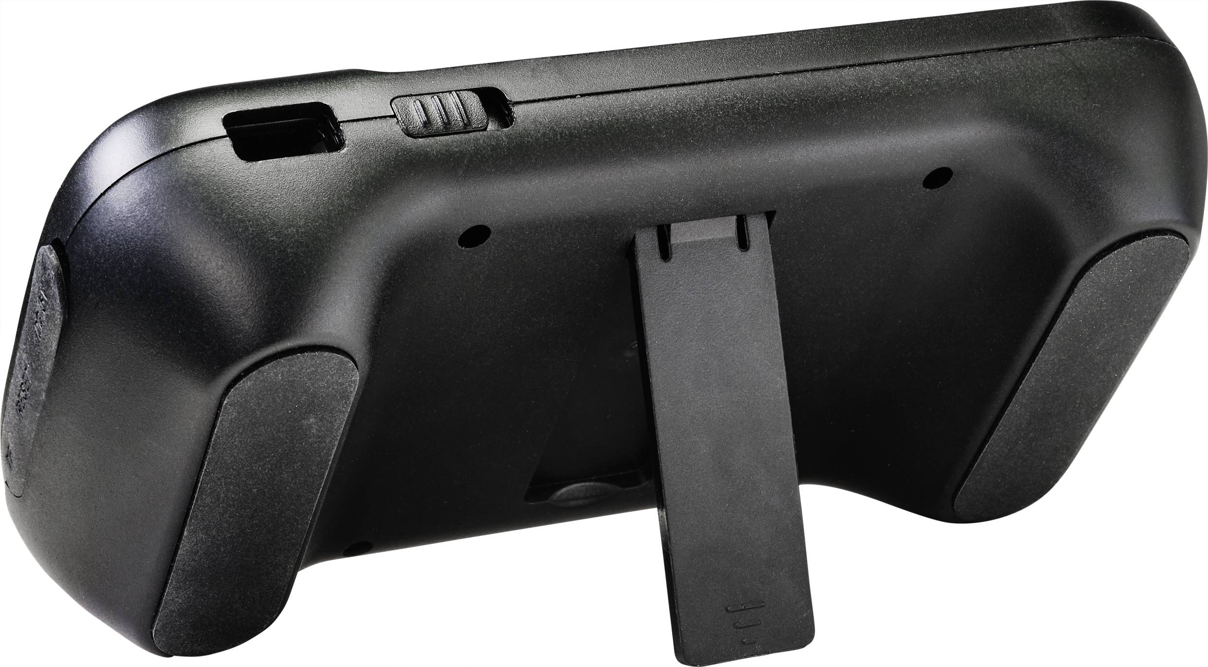 Ein schwarzer Game-Controller von hinten, mit ergonomischen Griffen, einem Ständer und einer Wippe zur Steuerung oben.