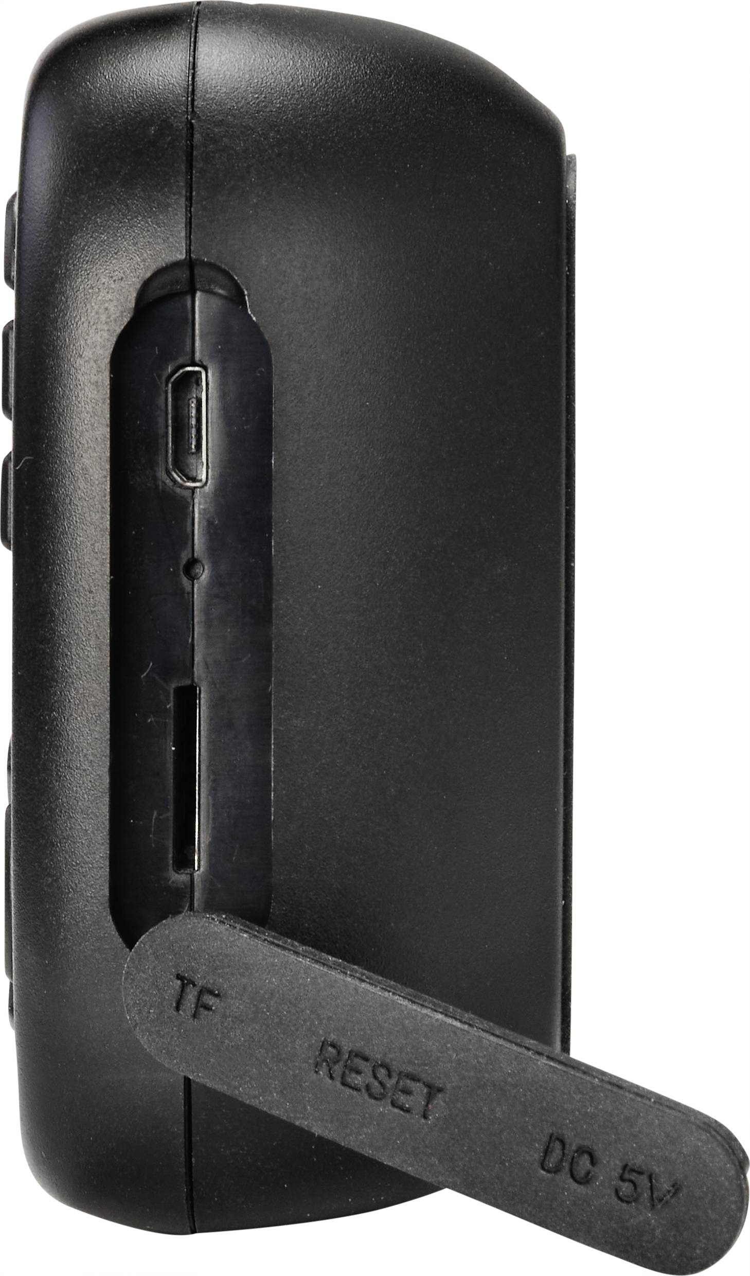 Schwarzes elektronisches Gerät von der Seite, zeigt Anschlüsse: Mikro-USB, TF-Kartensteckplatz und Reset. Klappe mit 'TF RESET DC 5V' beschriftet.