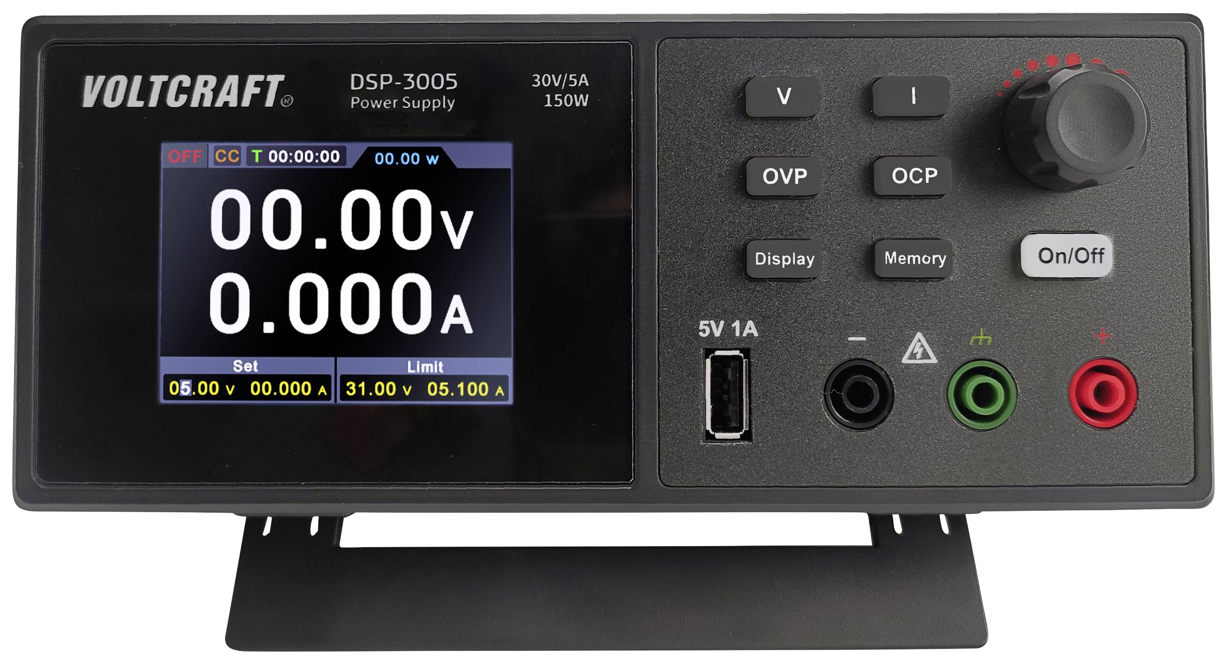 Labornetzgerät mit Display zeigt '0.00V' und '0.000A'. Bedienelemente für Spannung, Stromstärke und Ein/Aus-Schalter sichtbar.