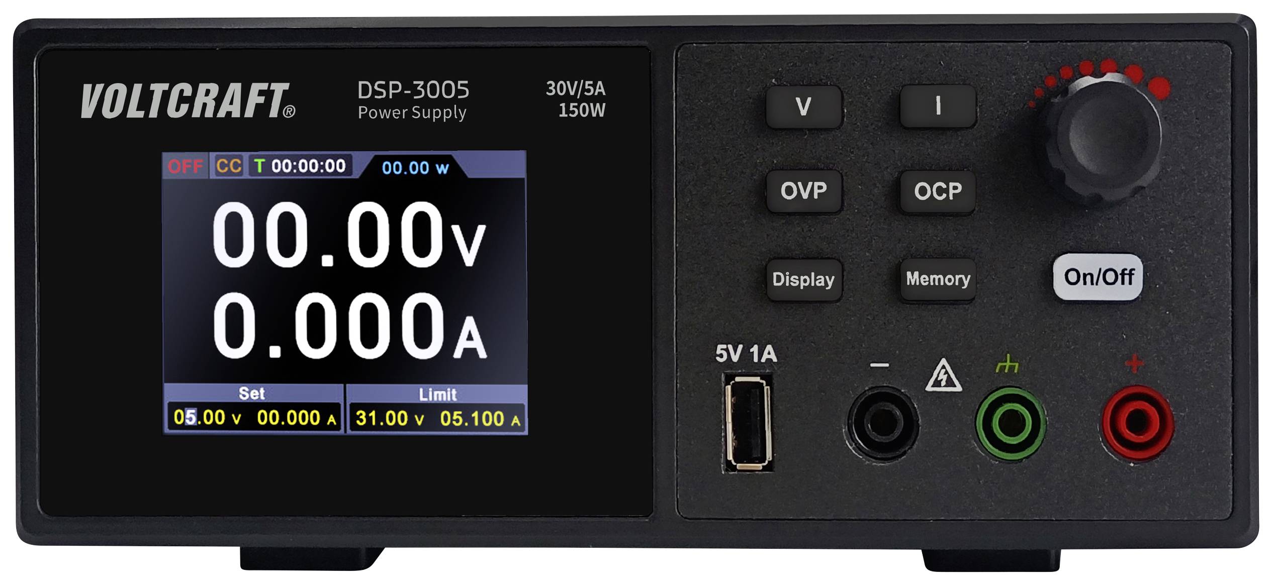 Ein digitales Labornetzteil mit Display und Reglern. Anzeige von Spannung und Stromstärke. Markenname 'Voltcraft DSP-3005'.
