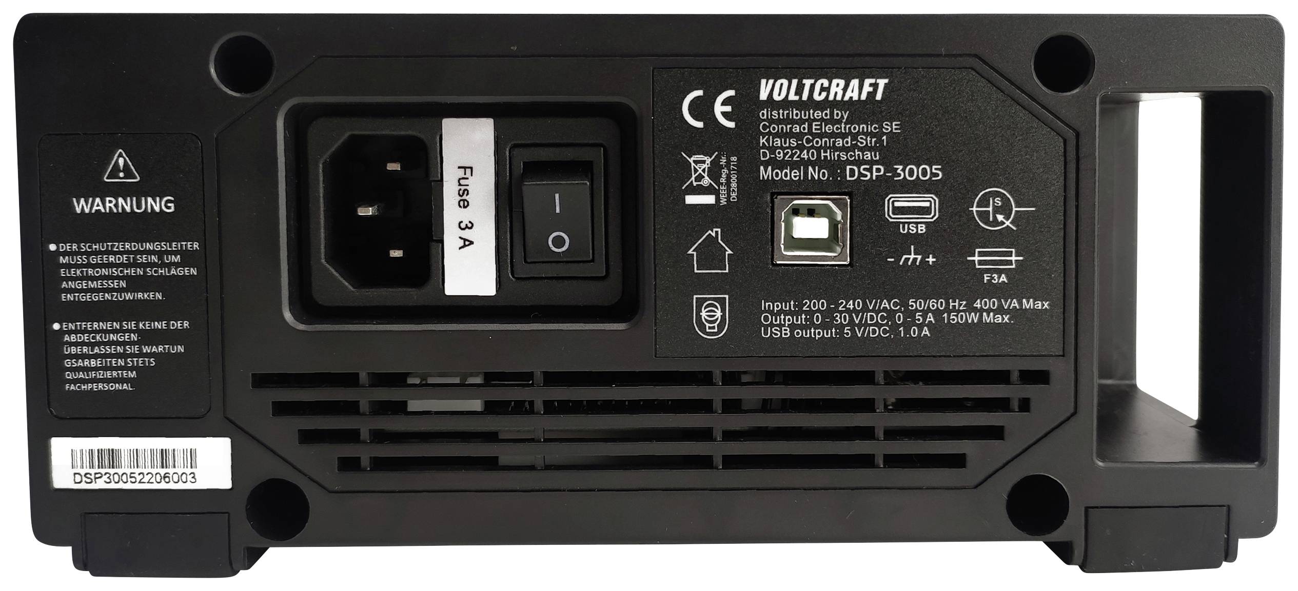 'Voltcraft DSP-3005', ein Netzteil. Rückansicht zeigt die Ein-/Ausschalttaste, Sicherung, Typenschild und eine Warnmeldung auf Deutsch.