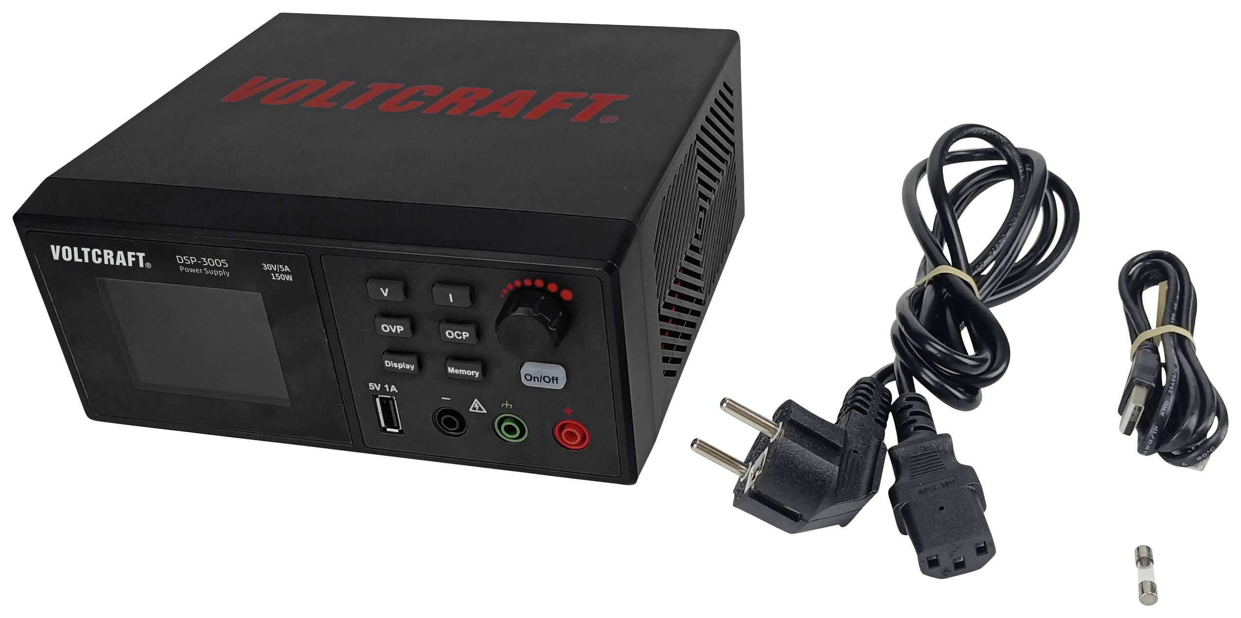 Schwarzes VOLTCRAFT-Netzteil mit mehreren Knöpfen und Anzeige. Enthält Netzkabel und USB-Kabel. Eignet sich zur Stromversorgung.