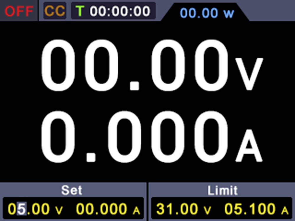 Anzeige eines Digitalmessgeräts mit Spannung 00,00 V, Strom 0,000 A. Einstellungen: 5,00 V, 0,000 A. Grenzen: 31,00 V, 5,100 A.