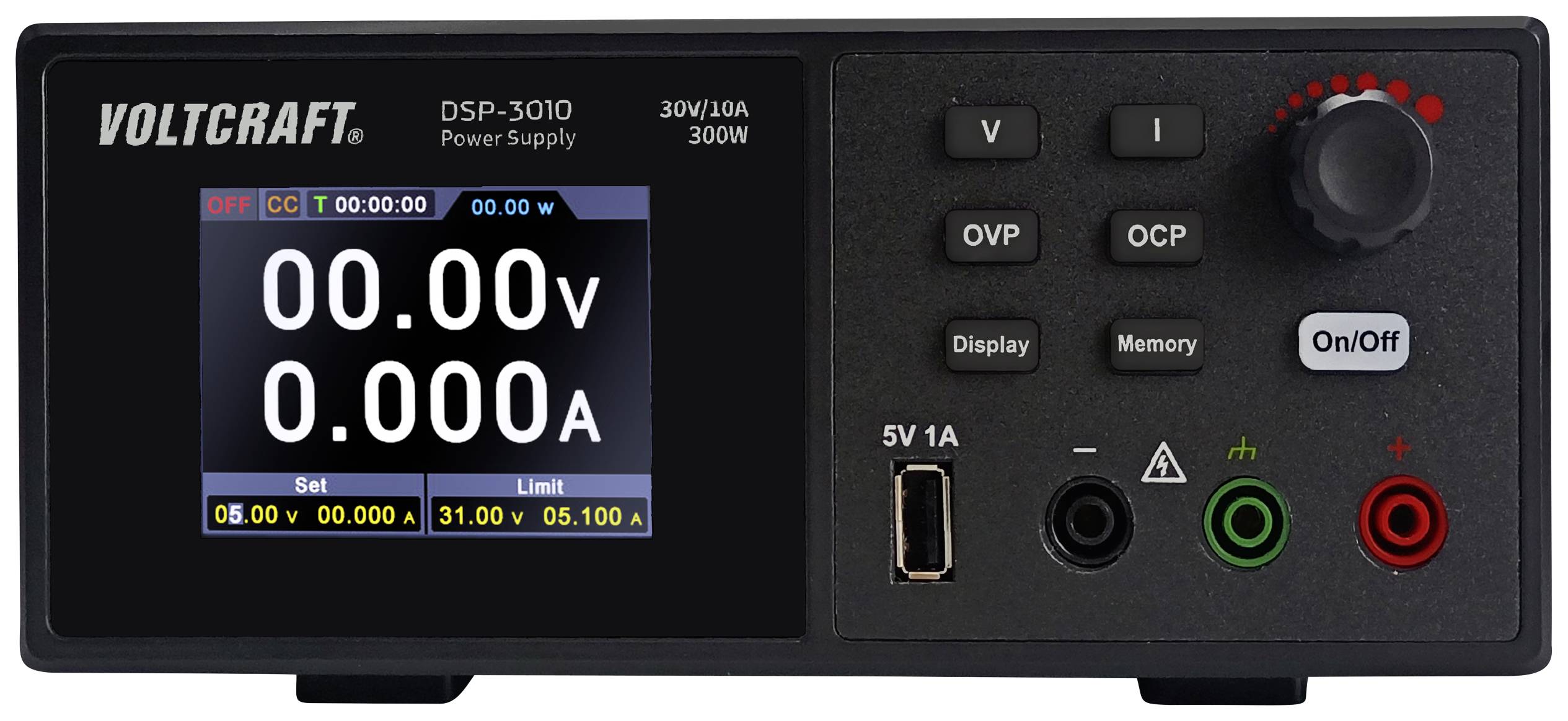 Stromversorgungseinheit mit digitalem Display zeigt 0,00V und 0,00A. Bedienelemente und USB-Anschluss an der Frontplatte.